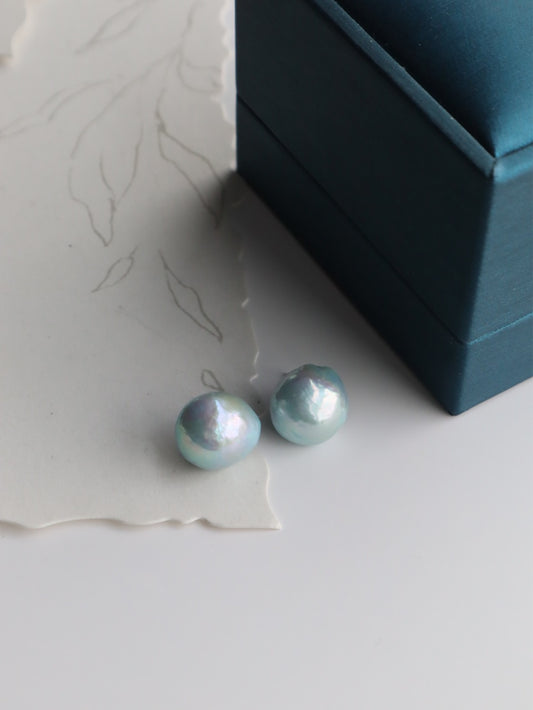 Blue-Vibrant Freshwater Pearl Mabe Earrings with Sterling Silver Studs - 10-11mm